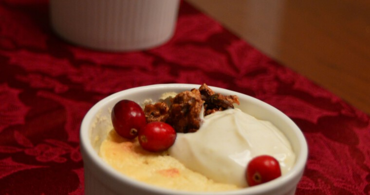 Cranberry Lemon Pudding Cake with Cumin Yogurt and Maple Glazed Walnuts