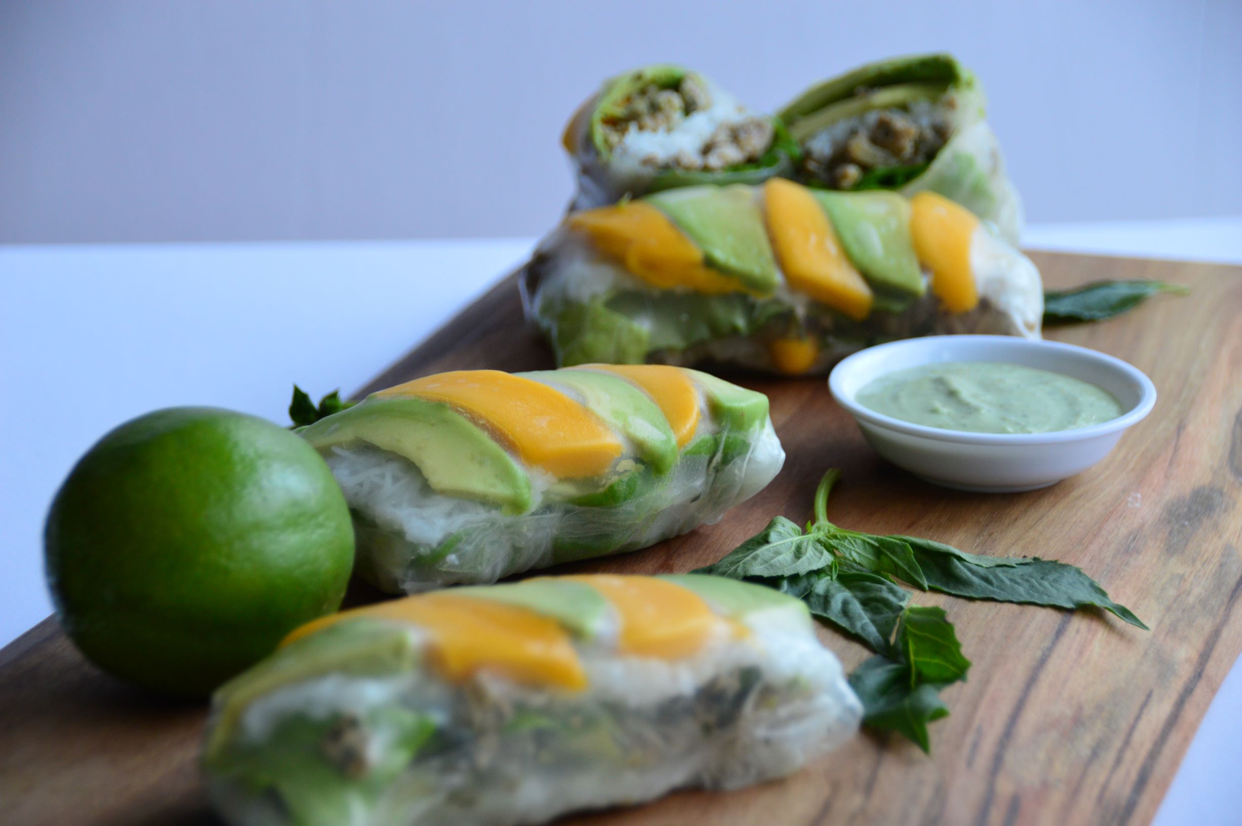 Avocado Basil Pheasant Salad Rolls with Avocado Sauce
