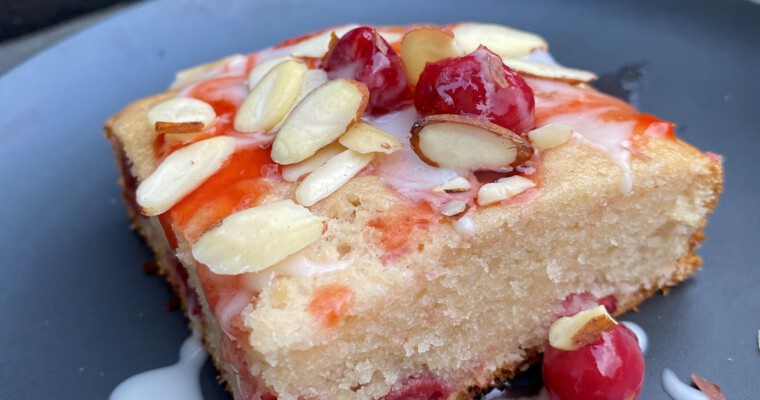 Smoked Sour Cherry Cake with Vanilla Glaze and Sour Cherry Coulis